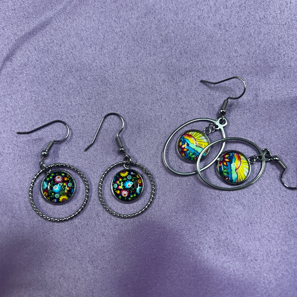 Colorful Glass Cabochon Hoop Earrings - Vibrant Floral & Sunset Design